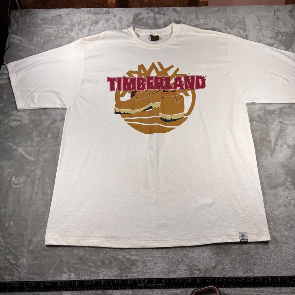 Timberland Graphic T-Shirt Mens XL White Cotton Made in USA Boot Logo Tee